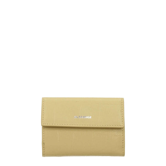 Jil Sander Yellow Leather Wallet with front logo, button closure, and crocodile print, featuring 3 card holders and a coin compartment.