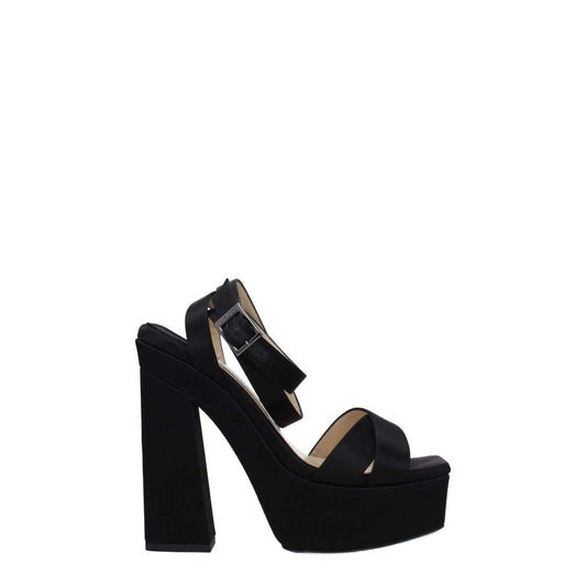 Jimmy Choo Black Satin Platform Sandals with high heel and buckle closure.