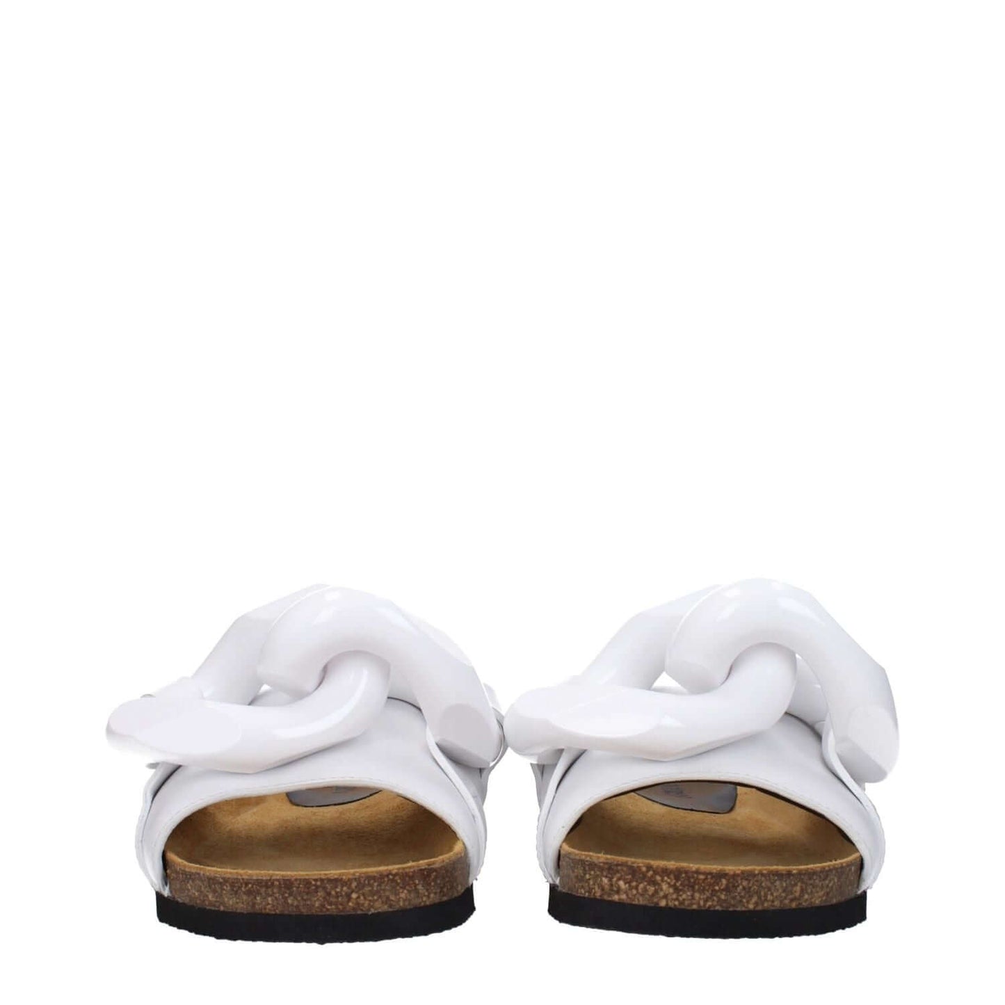 Jw Anderson White Leather Slippers with front detail, open toe, low flat heel, and rubber sole in a casual design.