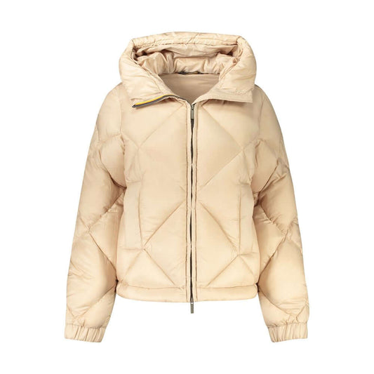K-WAY Beige Polyester Jackets & Coat, long sleeve with hood, featuring 2 external and internal pockets, contrasting details, zip, logo.