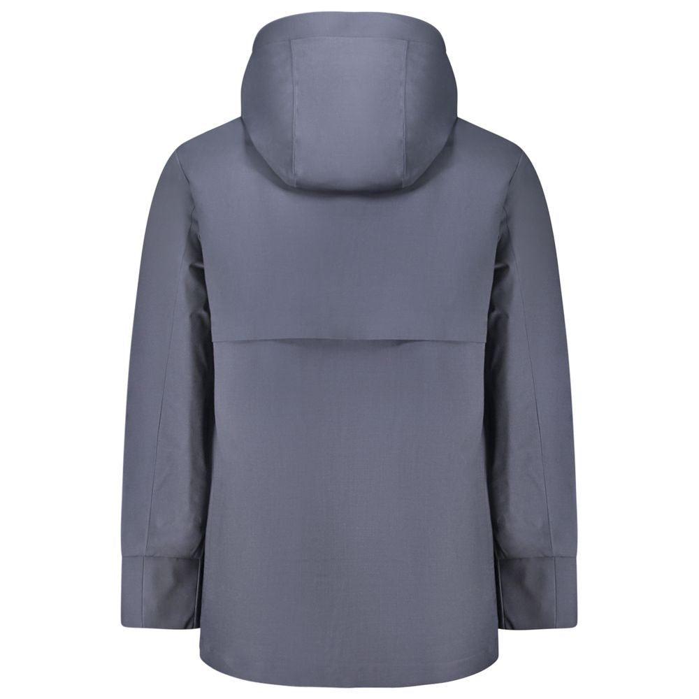 Back view of K-WAY Blue Wool Men Trench Coat with removable hood and sleek design