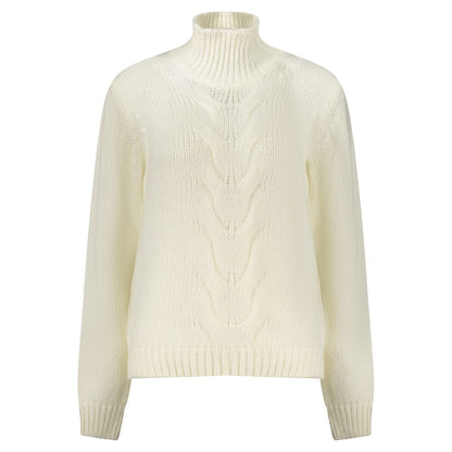 K-WAY White Wool Sweater featuring long sleeves, high neck, and contrast details with logo