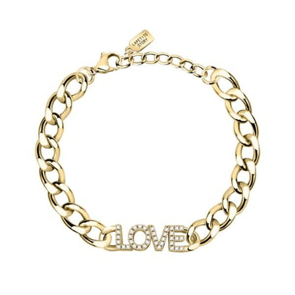 Gold bracelet with 'LOVE' charm from LA PETITE STORY JEWELRY Mod. LPS05ASD35, featuring elegant chain link design.