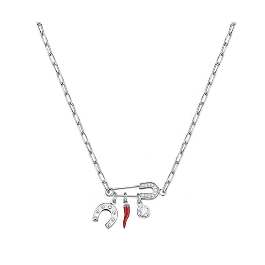 LA PETITE STORY JEWELRY Mod. LPS10ARR02 silver charm necklace with horseshoe, chili pepper, and round pendant on chain.