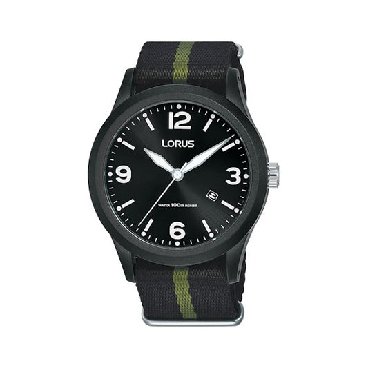 LORUS WATCHES Mod. RH943LX9 gent's quartz wristwatch with black dial, plastic case and strap, 10 ATM water resistant, in official box.