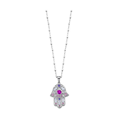 Silver necklace with hamsa pendant featuring pink and purple gemstones by LOTUS JEWELS JEWELRY Mod. LP1989-1/1.
