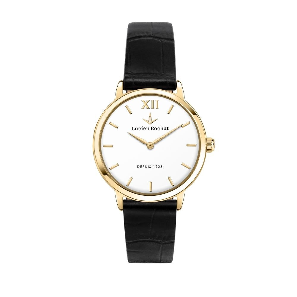 LUCIEN ROCHAT MOD. R0451115501 lady's quartz wristwatch, 30mm case, black leather strap, gold-tone accents, classic design