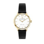 LUCIEN ROCHAT MOD. R0451115501 lady's quartz wristwatch, 30mm case, black leather strap, gold-tone accents, classic design