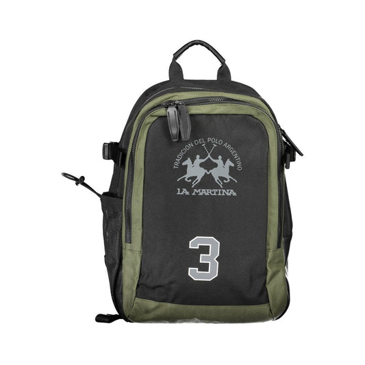 La Martina Black Polyester Backpack with logo, handle, adjustable straps, multiple pockets, laptop and phone compartments, zip closure.
