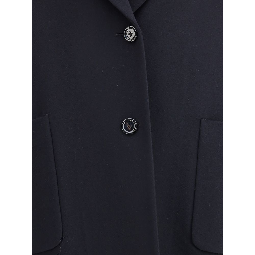 Front view of the Lardini Black Cashmere Coat showing button closure and patch pockets for modern style and functionality.