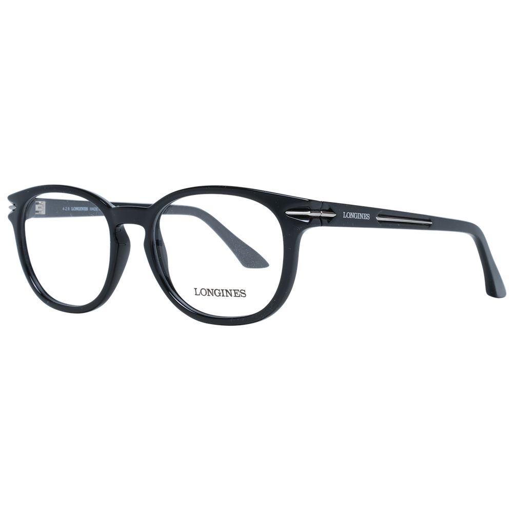Longines Black Unisex Glasses Frame in round full-rim design with plastic material, demo lenses, and branded case included.