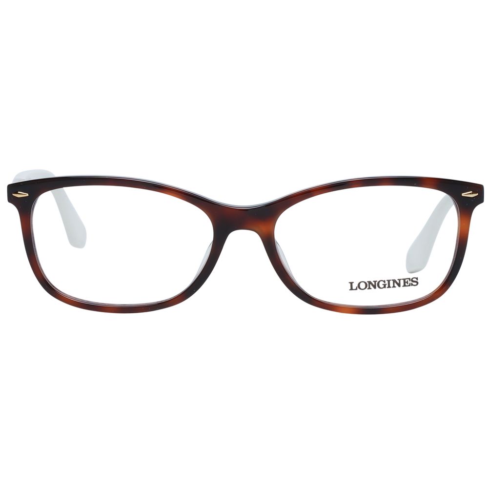 Longines Brown Women Glasses Frame in acetate with full-rim rectangular design and demo lenses, perfect for chic and modern styling.