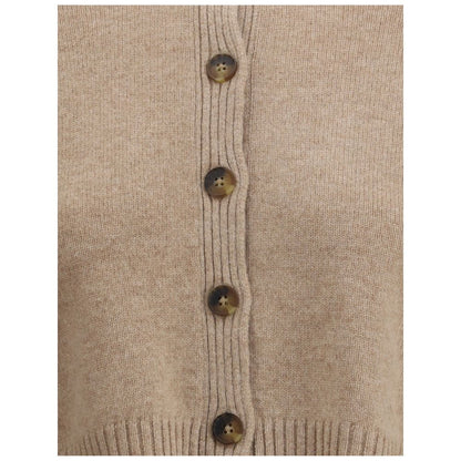Loulou De Saison Beige Cashmere Cardigan with button closure, crew neck, ribbed hem, AW25 collection, 100% Kashmir. Close-up view.