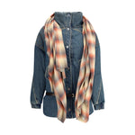 MARBELL Amy Denim Jacket with quilted details, high collar, snap-button closure, removable scarf, and leather belt, oversize fit.