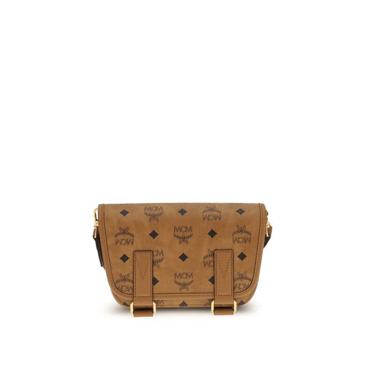 MCM Brown Fabric Shoulder Bag with logo print and elegant structure.
