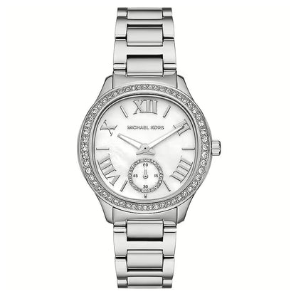 Alt Tag: MICHAEL KORS Mod. SAGE stainless steel ladies wristwatch with quartz movement and mineral dial, water resistant and official box packaging.