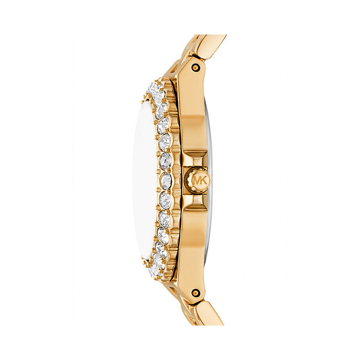 Side view of MICHAEL KORS WATCHES Mod. MK7394 in gold with crystal accents and logo on the crown.