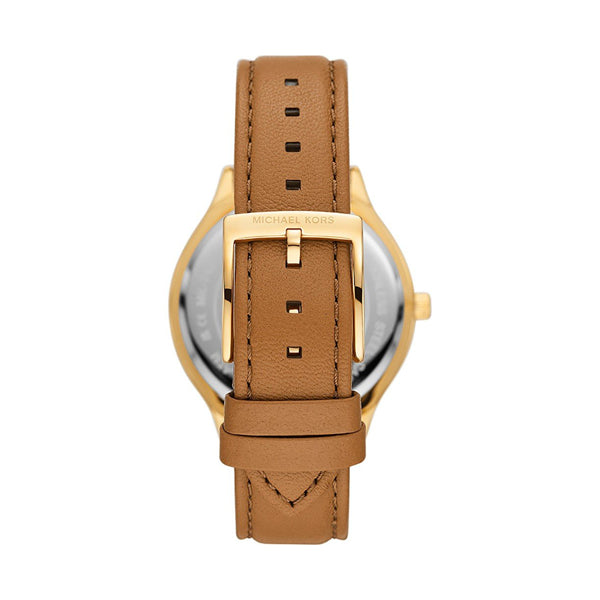 Back view of MICHAEL KORS WATCHES Mod. MK7465 with brown leather strap, gold buckle. Women's 38mm wristwatch in official packaging.