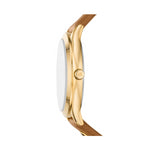 Side view of MICHAEL KORS WATCHES Mod. MK7465, featuring a gold case and brown strap, 38mm ladies wristwatch.