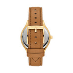 Rear view of MICHAEL KORS WATCHES Mod. MK7465 showing the brown leather strap and gold buckle clasp on a lady's wristwatch.