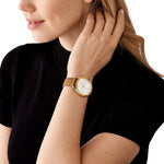 Lady wearing MICHAEL KORS WATCHES Mod. MK7465 wristwatch with 38mm case and official packaging, elegant watch on wrist