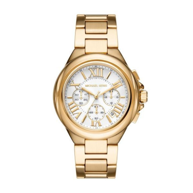 MICHAEL KORS Mod. CAMILLE gold wristwatch for ladies with chronograph and date functions, 5 ATM water resistance, in official box.