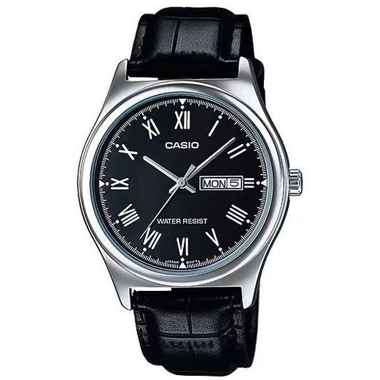 CASIO COLLECTION Mod. DAY DATE, ROMAN INDEXES. LEATHER - BLACK-0