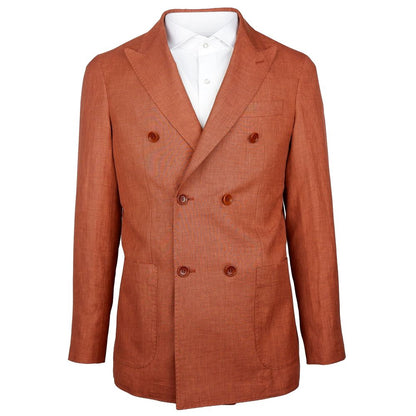 Made in Italy Brown Linen Blazer with Loro Piana fabric, double-breasted rust-colored jacket, peaked lapels, front and breast pockets.