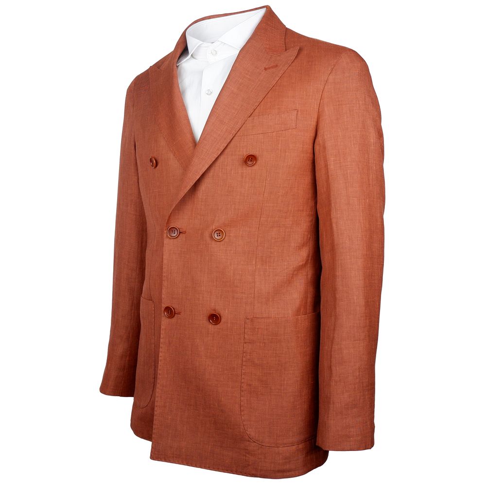 Made in Italy Brown Linen Blazer with Loro Piana fabric, rust color, double-breasted, peaked lapels, front and inside pockets