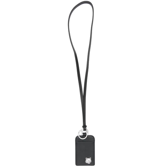 Maison Kitsuné Fox Head leather neck cardholder in black with silver-tone hardware and detachable strap, featuring a fox head plaque.