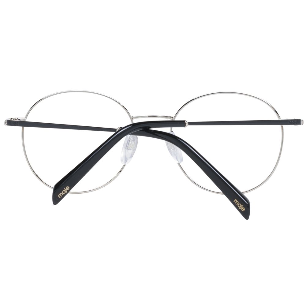 Maje Gold Women Glasses Frame, stainless steel full-rim round optical frames with demo lenses and black temples, model view.