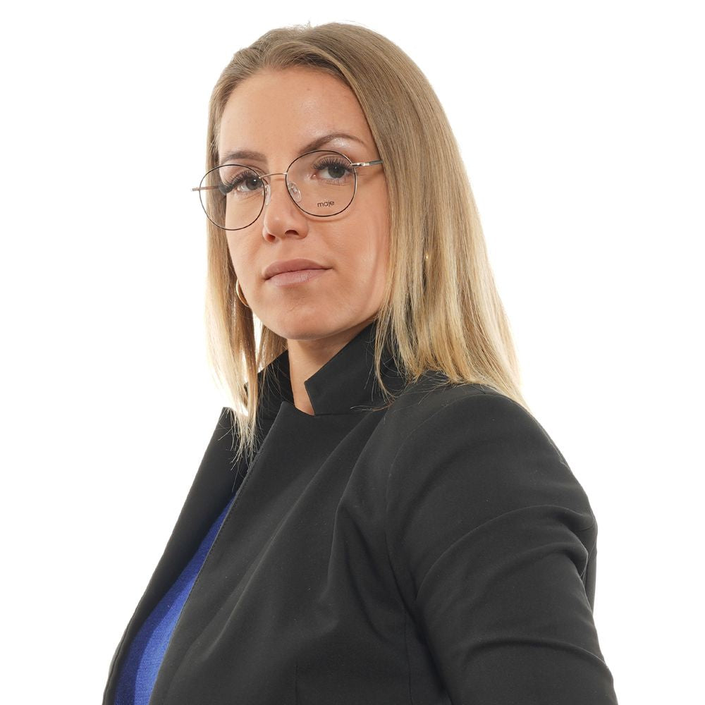 Woman wearing Maje Gold Women Glasses Frame with full-rim stainless steel design