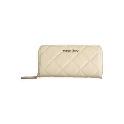 Mario Valentino Beige Polyethylene Wallet with zip closure, six compartments, coin purse, card spaces, and logo.