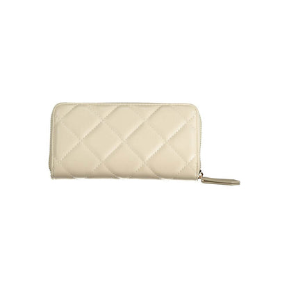 Mario Valentino Beige Polyethylene Wallet with quilted design, zip closure, and card compartments.