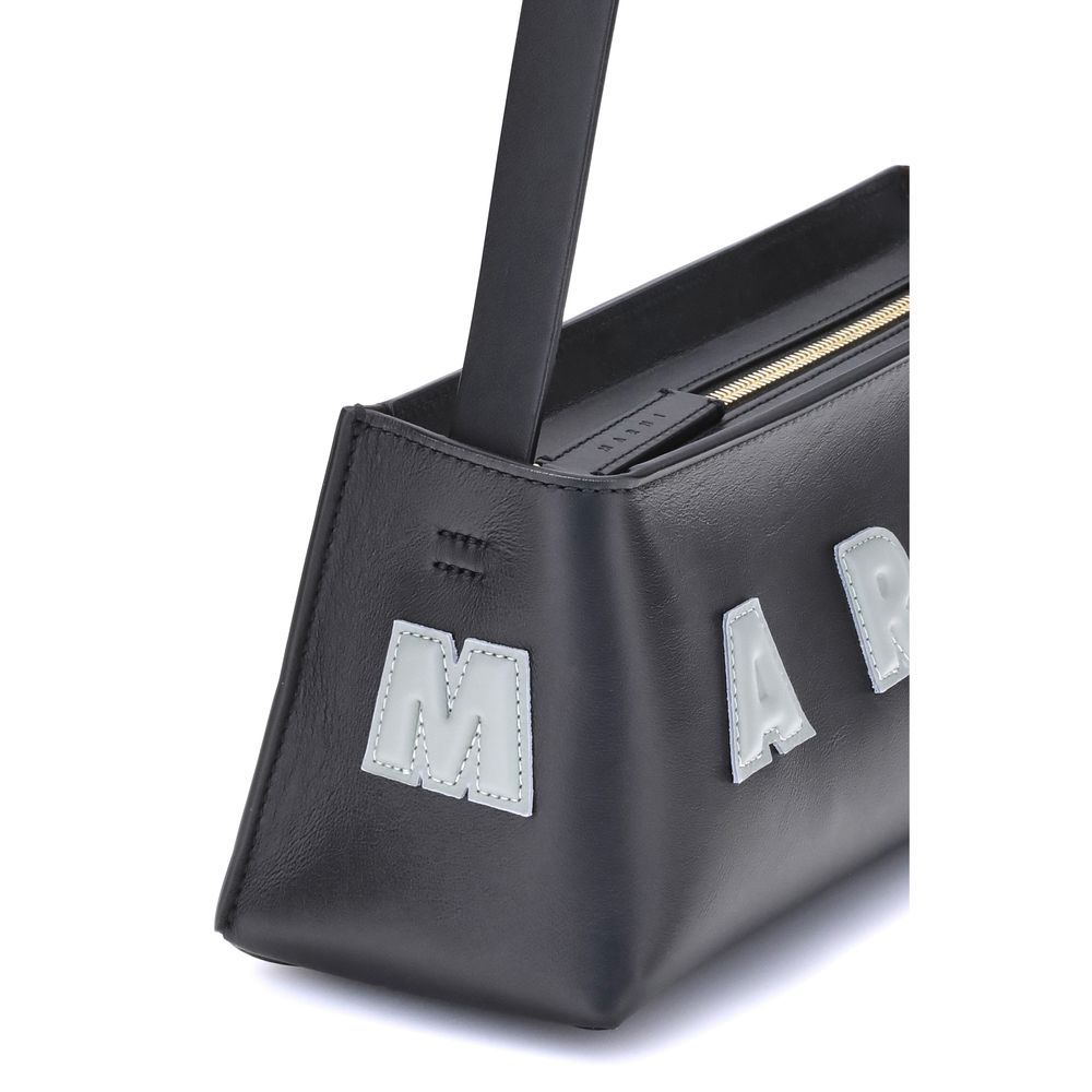 Marni Black Calf Leather Bos Taurus Shoulder Bag with stitched logo, single handle, and zipper closure, close-up view.