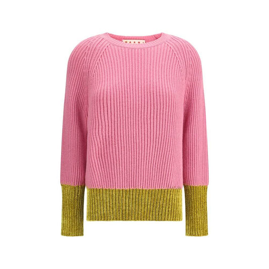 Marni Multicolor Fleece Wool Sweatshirt with pink and green color-block design, English rib knit, handcrafted logo, and long sleeves.