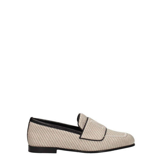 Max Mara Beige Fabric Slip-On Loafers with front logo and leather sole, featuring a round toe and low flat heel, shown in side view.