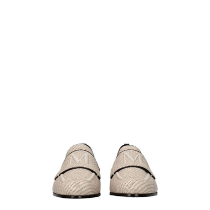 Max Mara Beige Fabric Slip-On Loafers with front logo, round toe, and low flat heel, viewed from front. MPN: 23452109316007.