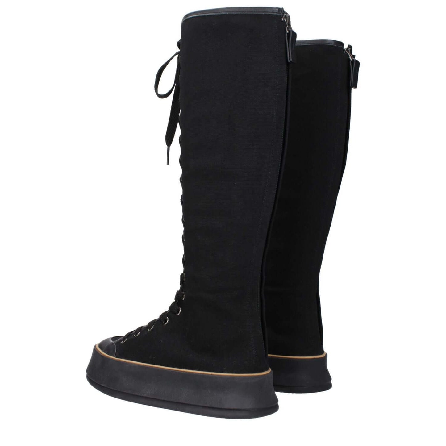 Max Mara Black Fabric Lace-Up Boots with round toe, rubber sole, vintage effect, casual style, and wedge heel shown from the back side.