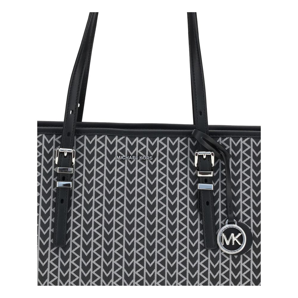 Michael Kors Black Polyester Shoulder Bag with logo on jacquard pattern and adjustable leather straps, AW25 season.