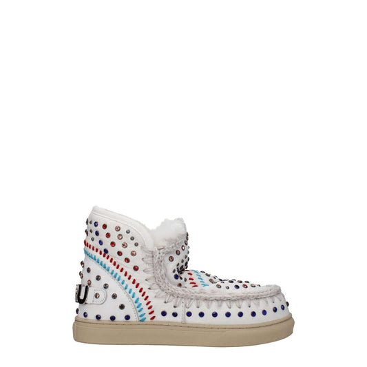 Mou White Leather Ankle Boots with colorful studs and back logo, featuring low flat heel and round toe, casual style.