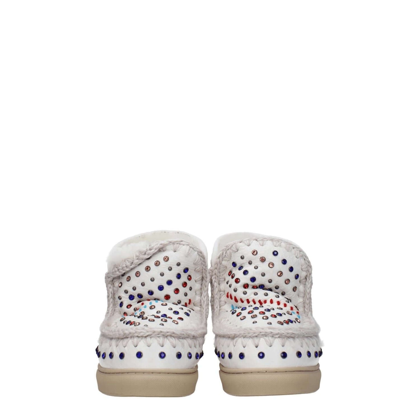 Back view of Mou White Leather Ankle Boots with studs, stones, and logo, showing rubber sole and violet accents. Casual style, round toe.