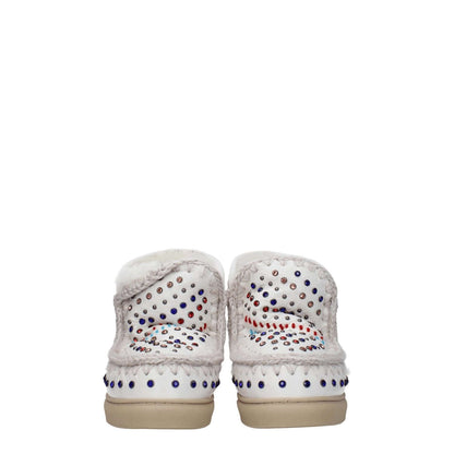 Back view of Mou White Leather Ankle Boots with studs, stones, and logo, showing rubber sole and violet accents. Casual style, round toe.