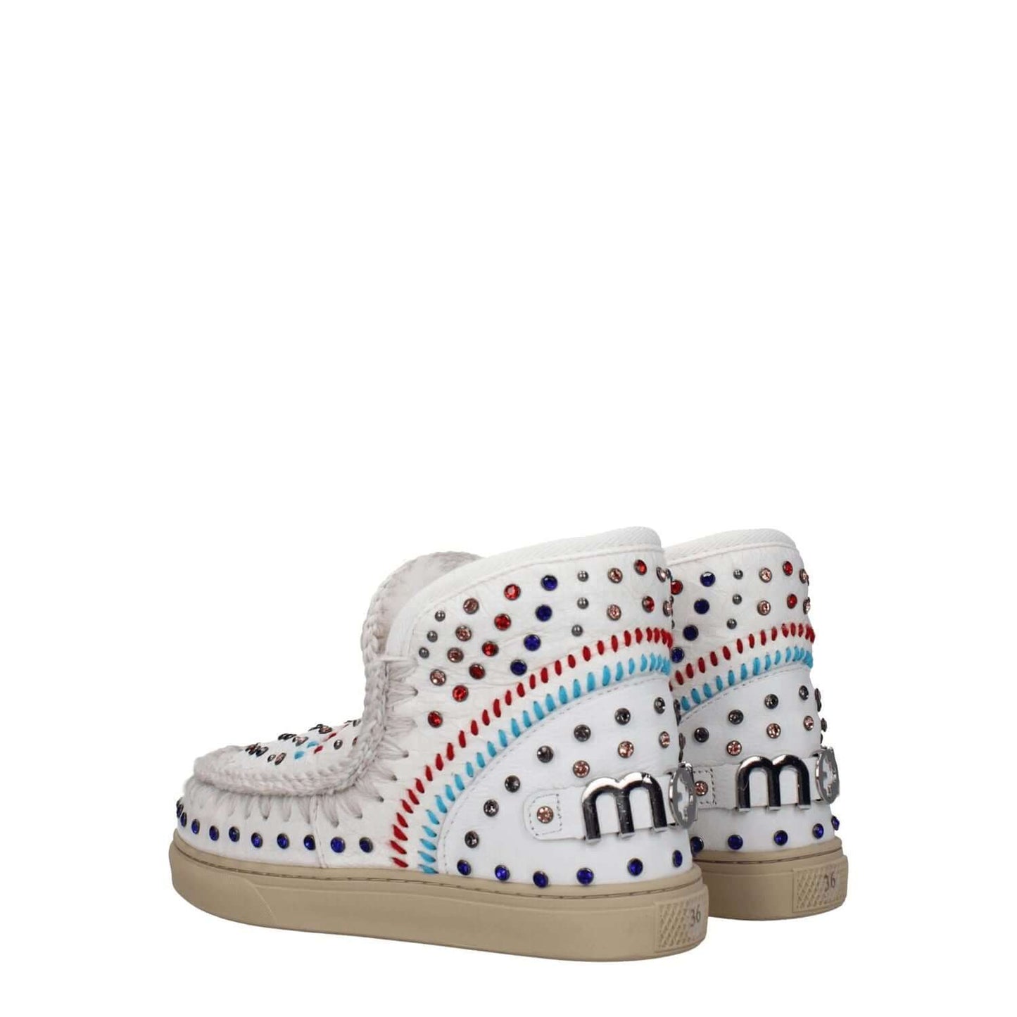 Mou White Leather Ankle Boots with studs and colorful stones, featuring back logo, rubber sole, round toe, and 2.5 cm wedge heel.