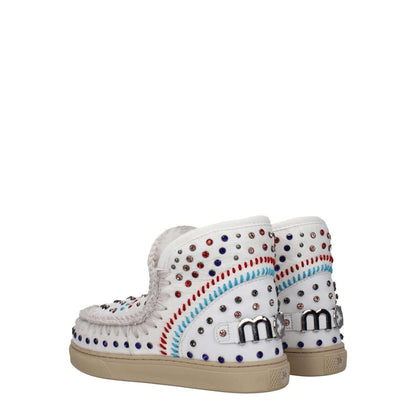Mou White Leather Ankle Boots with studs and colorful stones, featuring back logo, rubber sole, round toe, and 2.5 cm wedge heel.