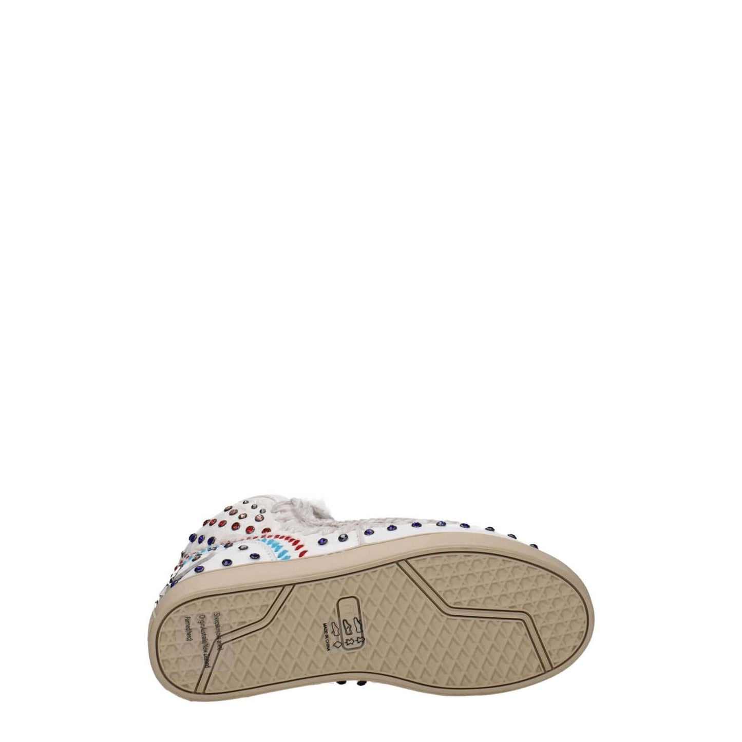 Mou White Leather Ankle Boots with round toe, rubber sole, studs, back logo, and stones, style casual, violet accents.