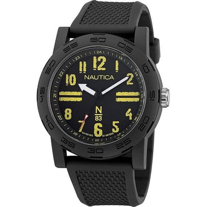 NAUTICA Mod. NAPATS303 men's quartz analog watch, 44mm case, water-resistant 5 ATM, black dial, mineral material, bracelet included.