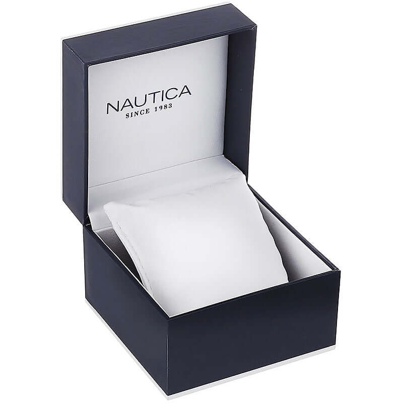 Official packaging box for the NAUTICA Mod. NAPFWF017 gent's chronograph watch, featuring a sleek design and branded interior.