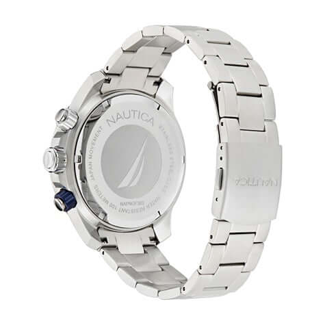 NAUTICA Mod. NAPNOF303 Quartz Analog Gent's Bracelet Watch showcasing case back and stainless steel bracelet