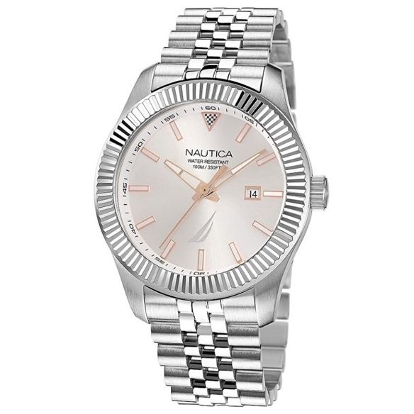 NAUTICA Mod. NAPPBS250 Gent's quartz analog watch, 43mm mineral dial, water resistant 10 ATM, bracelet style in official box.